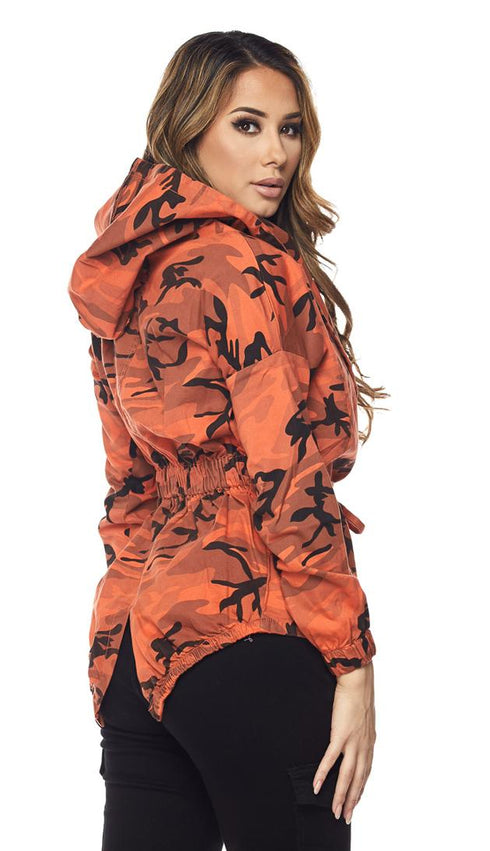 Orange Camouflage Draped Hooded Jacket - SohoGirl.com